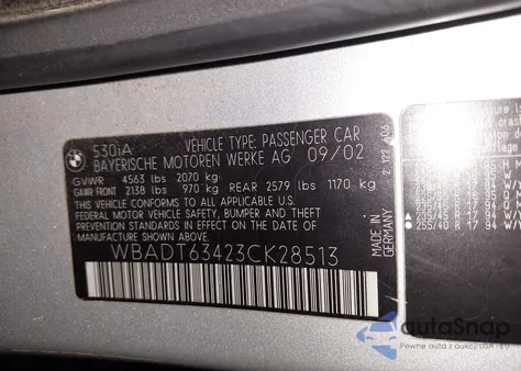 2003 BMW 530Ia from USA, damaged, VIN WBADT63423CK28513